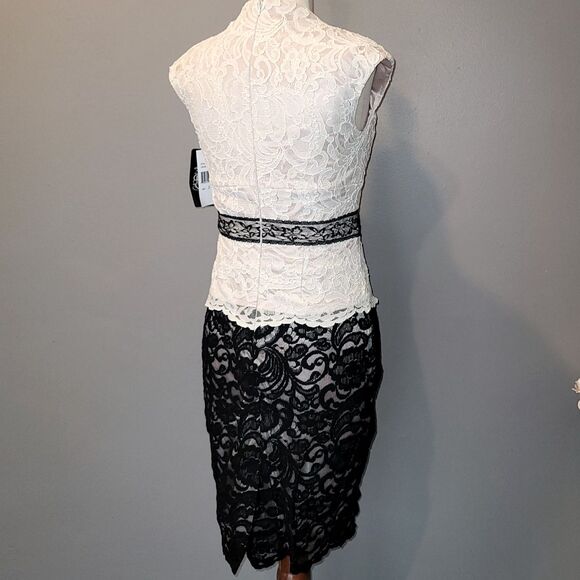 JAX Two Toned Ivory/Black Lace Fitted Dress with Lace Belt Size 2 - Picture 4 of 9